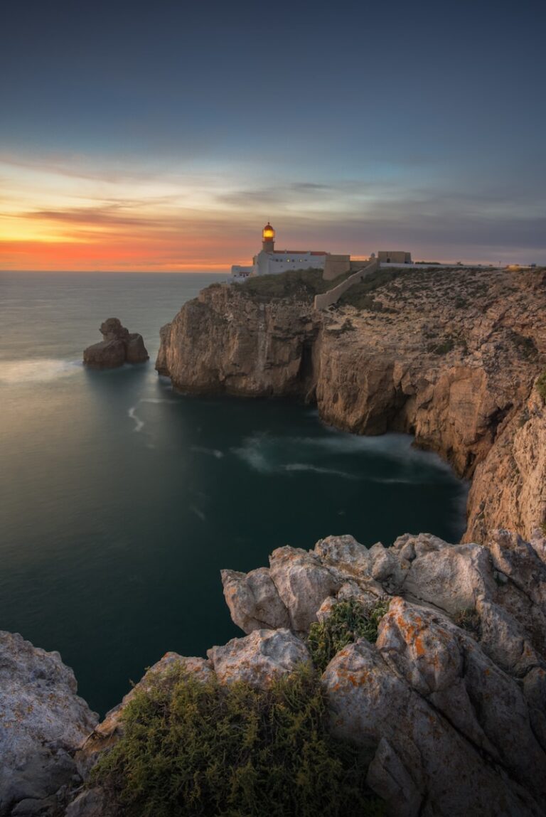 Lighthouse on a cliff overlooking the ocean at sunset